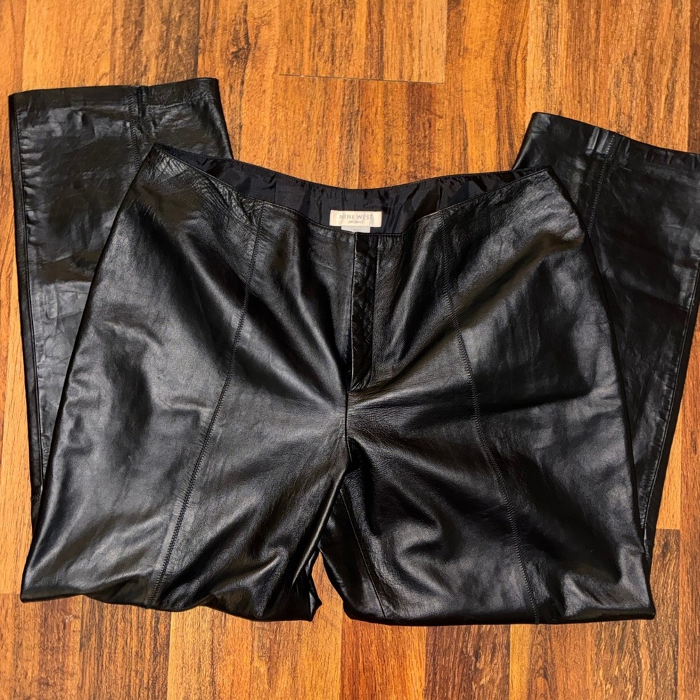 Nine West Woman Black 100% Leather Straight Leg Pants Plus Size 18W High Waist
